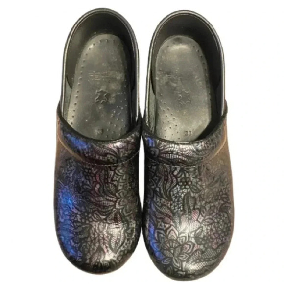 Dansko Black Floral Clogs metallic size 38 us 7.5-8 - Picture 1 of 3